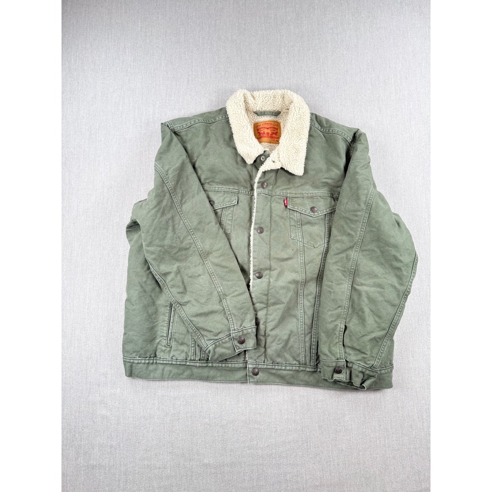 Levis Sherpa Lined Trucker Jacket Olive Green Canvas XXL Womens Coat